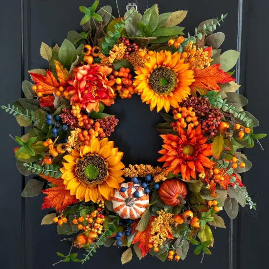 24 Inch Fall Autumn Wreath with Pumpkins {1}