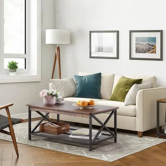 39.4" Modern Metal X Coffee Table with Brown Wood Grain Finish and 2-Tier Storage Shelf {3}