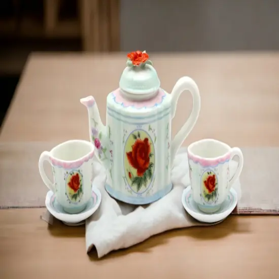 Ceramic Red Rose Mini Tea Set-5 Piece Set, Gift for Her, Gift for Mom, Gift for Friend or Coworker, Tea Party Décor, Café Decor {2}