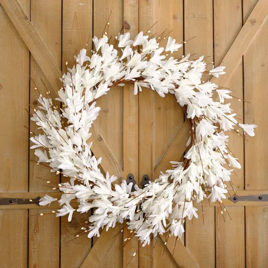 20inch Artificial Forsythia Flower Wreath Spring Summer Fall Wreath Silk Leaves Wreath for Front Door Wreath Porch Farmhouse Patio Garden Home Decor (White) {3}