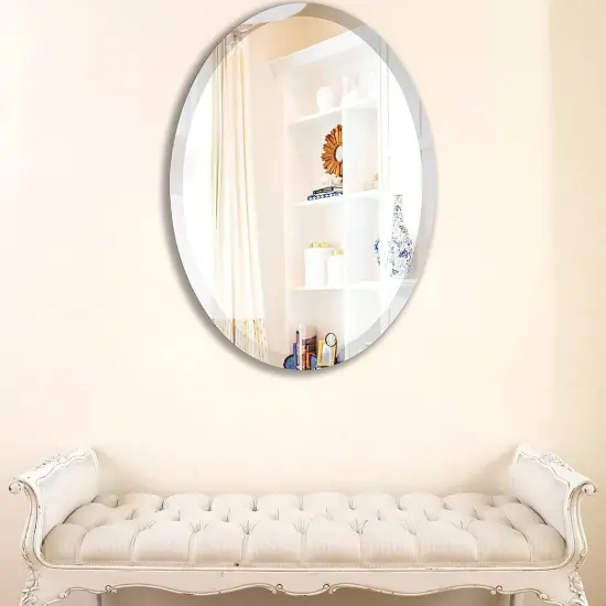 Silver Frameless Oval Bathroom Mirror with Beveled Edges and Ultra-Thin Hanging System {4}