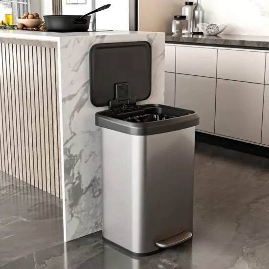 Silver Stainless Steel 13-Gallon Step Trash Can with Soft-Close Lid and Built-In Deodorizer {2}
