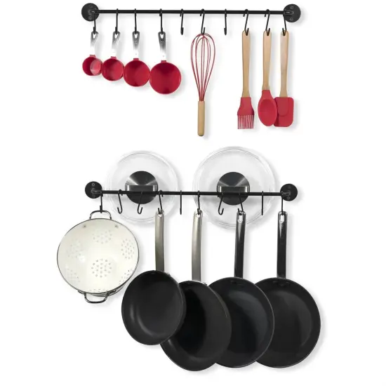 Set of 2 Black Metal Wall Mounted Pot Racks with 20 Hooks {1}