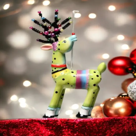 Ceramic Dotted Deer In Green with Beaded Antlers Ornament - , Home D&eacute;cor, Gift for Her, Gift for Mom, Kitchen D&eacute;cor, Christmas D&eacute;cor {1}