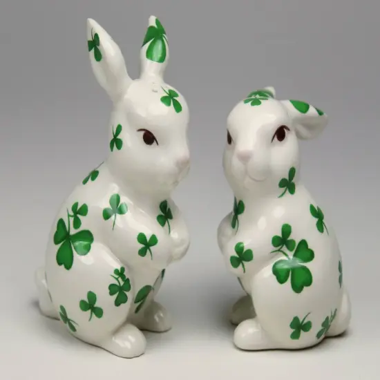 Ceramic Irish Easter Bunny Rabbit with Shamrock Pattern Salt and Pepper Shakers, Gift for Her or Mom, Kitchen D&eacute;cor, Saint Patrick&rsquo;s Day {3}