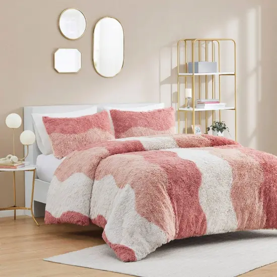 Blush Pink White Faux Fur Comforter Set Full Queen Reversible {1}
