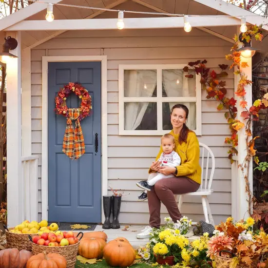 Autumn Buffalo Plaid Cotton Wreath Sash for Front Door Fall Wreaths {2}