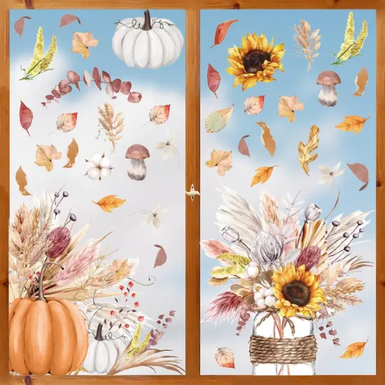 50 PCS Fall Window Cling Sticker, Thanksgiving Autumn Harvest Colorful Leaves {2}