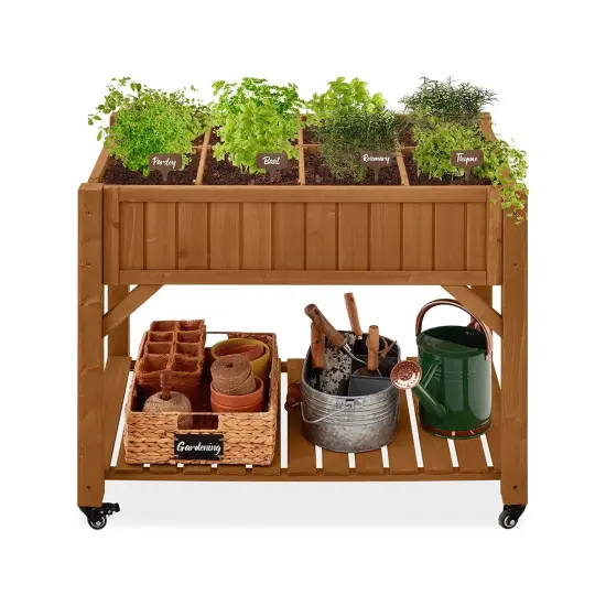 Elevated Fir Wood Planter Box with Adjustable Compartments and Wheels {1}