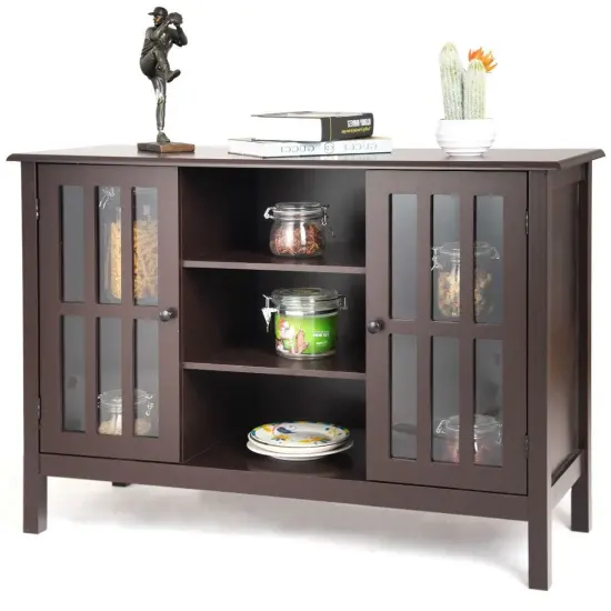Brown Wood Console Cabinet with MDF Chipboard Frame and Tempered Glass Doors Storage Space {1}