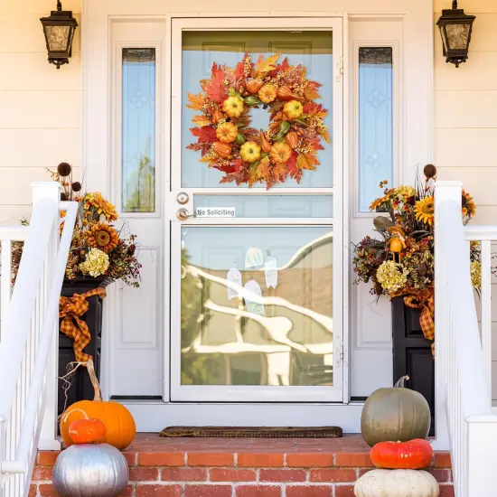 Fall Wreath 23&rsquo;&rsquo; Artificial Autumn Front Door Wreath with Large Pumpkins {2}