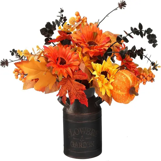 2 Pcs Artificial Fall Flowers Arrangement with Metal Pot {1}