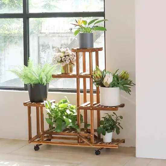 6-Shelf Wooden Plant Stand with Locking Wheels for Indoor Outdoor Use {3}