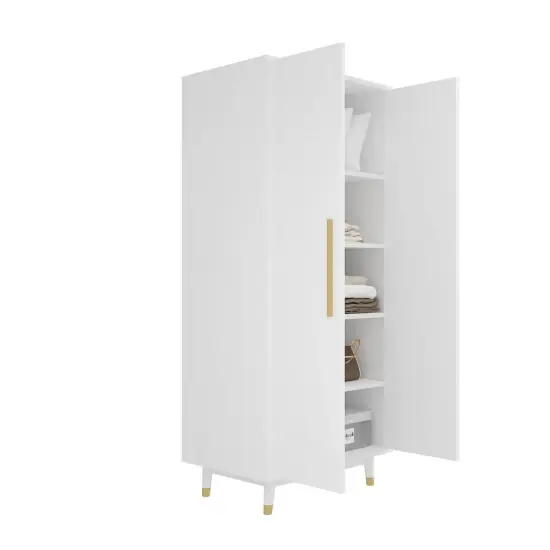 White 2 Door Wardrobe Cabinet with Hanging Rail and Fixed Shelf for Clothes Storage in Bedroom Garage Home Office {3}