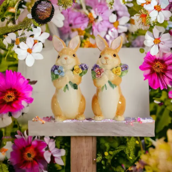 Ceramic Easter Bunny Rabbits with Flowers Salt and Pepper, Home D&eacute;cor, Gift for Her, Gift for Mom, Kitchen D&eacute;cor, Spring D&eacute;cor, Easter D&eacute;cor {2}