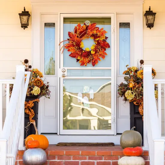 Fall Wreaths for Front Door, Autumn Wreath with Maple Leaves {2}
