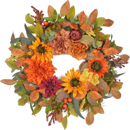 24-26 Inch Fall Wreath with Orange Artificial Pumpkin {1}