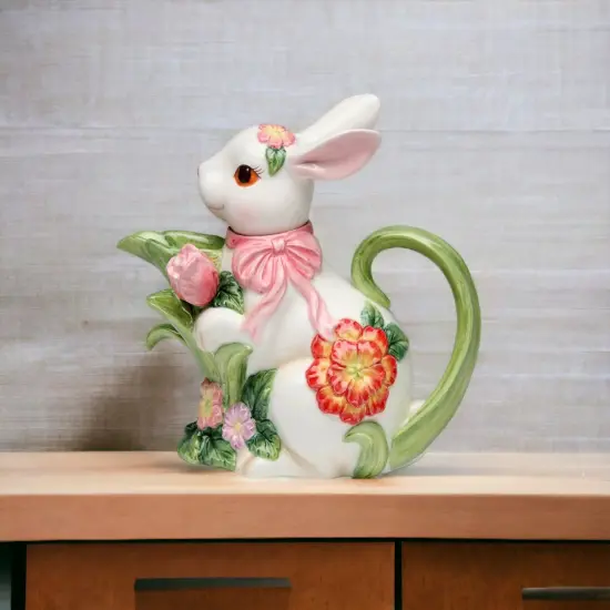 Ceramic Easter Bunny Rabbit with Flowers Teapot, Gift for Her, Gift for Mom, Tea Party D&eacute;cor, Caf&eacute; D&eacute;cor, Spring Decor {2}
