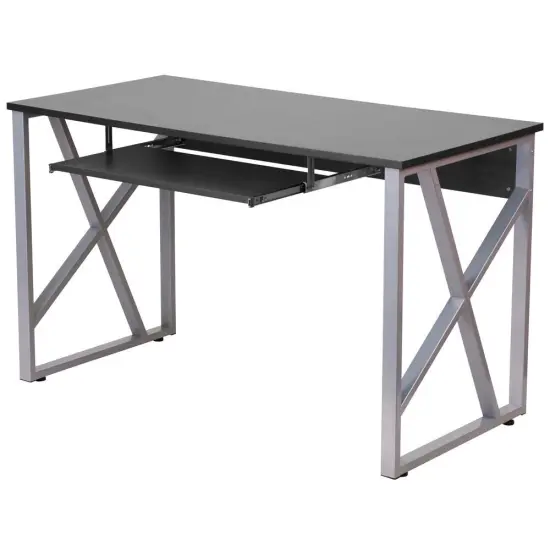 Black Laminate Office Desk with Sliding Keyboard Tray and Silver Powder-Coated Frame {1}