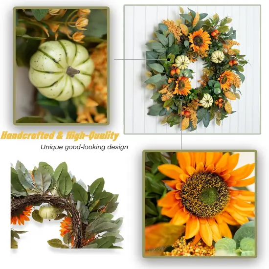 Fall Wreath for Front Door 24 Inch Artificial Sunflower and Pumpkin Fall Wreath with Berries, Autumn Harvest Fall Wreaths for Indoor Outdoor Decor, Thanksgiving and Halloween Decoration {4}