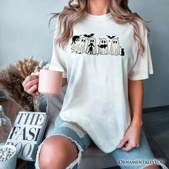 Ghosts and Cats Spooky T-Shirt, Whimsical Halloween Tee for Cozy Autumn Season {5}