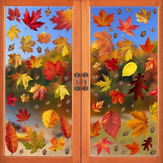 216pcs Maple Window Clings 6 Sheets Fall Leaves Assorted Maple Oak Leaves {1}