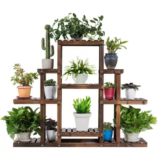 Brown Solid Wood 6-Tier Plant Stand with Carbonized Finish and Shelves {2}