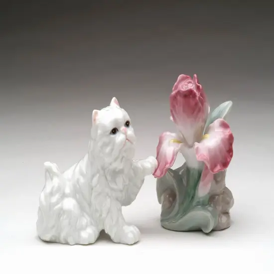 Ceramic Persian Cat and Iris Flower Salt & Pepper, Home Décor, Gift for Her, Gift for Mom, Kitchen Décor, Cat Lovers Gift, Pet Loss Gift {3}