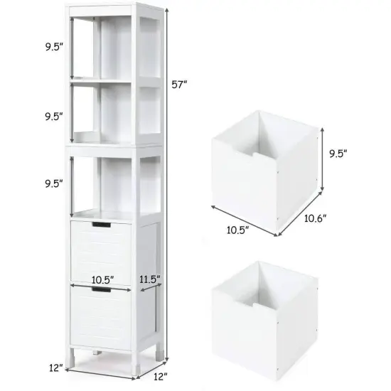 Bathroom Cabinet Tower with 2 Storage Drawers and 3 Shelves in White Wood Finish {2}