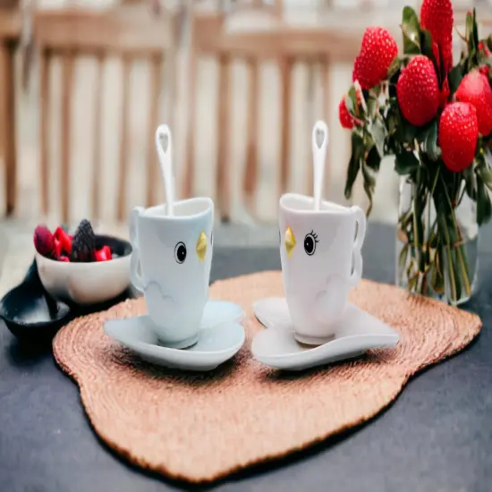 Ceramic Bird Cup & Saucer & Spoon-2 Sets, Gift for Her, Gift for Mom, Gift for Friend or Coworker, Tea Party D&eacute;cor, Caf&eacute; Decor {2}