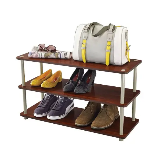 Dark Cherry Wood 3-Shelf Freestanding Shoe Rack for 12 Pairs with Metal Accents {2}