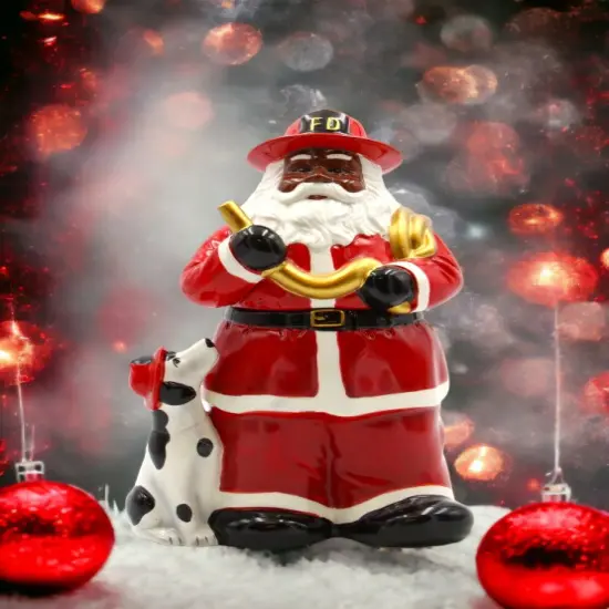 African American Firefighter Christmas Santa with Dalmation Dog Cookie Jar, Home Décor, Gift for Her, Him, Dad, Mom, Kitchen Décor {1}