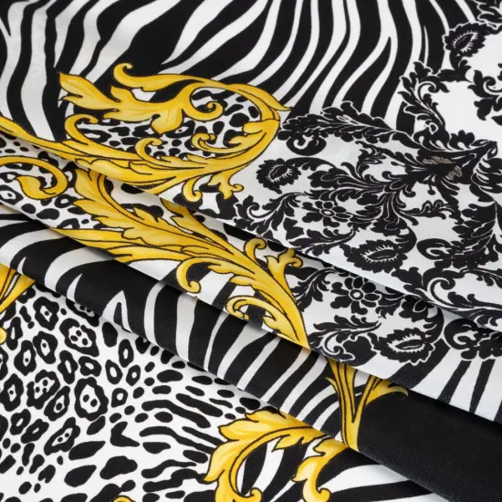 1 Yard Black, White, Yellow & Gold Floral Scrolls Silk Charmeuse Print, 53 Inches Width {1}