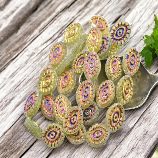 *10* 14x11mm Metallic Volcano Washed Matte Peridot Mystic Eye Beads {3}