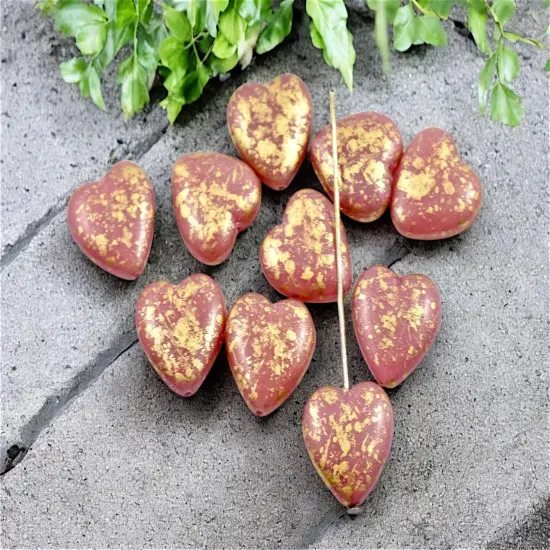 *10* 14mm Gold Splattered Mauve Pink Heart Beads {2}