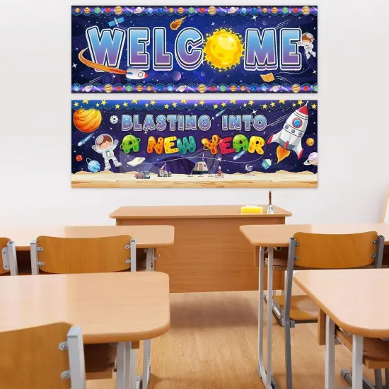 2 Pcs Classroom Welcome Banner Poster Outer Space Classroom Motivational Banner {5}
