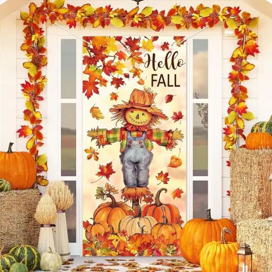 Fall Door Banner Cover Scarecrow Pumpkin Leaves Hanging Banner,31.5 x 67 Inch {5}