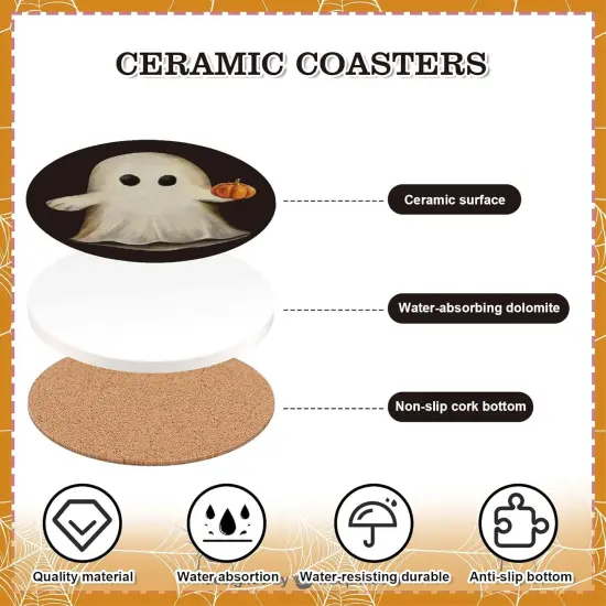 4Pcs Happy Halloween Coasters Trick or Treat Ghost Pumpkin Ceramic Coasters {3}