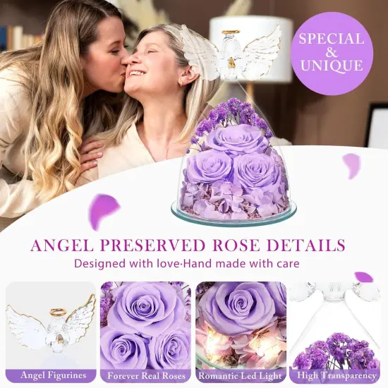 Fresh Flowers in Glass Angel Figurines Real Purple Roses {2}