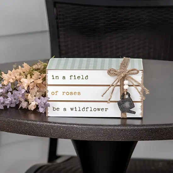 Wildflower Book Stack Wooden D&eacute;cor Worn White Finish with Green Gingham Top {2}