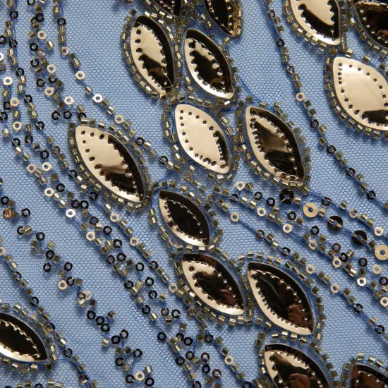 1 Yard Embroidered Tulle Lace Fabric with Sophisticated Pattern, 52&Prime; Wide Blue/Silver {7}