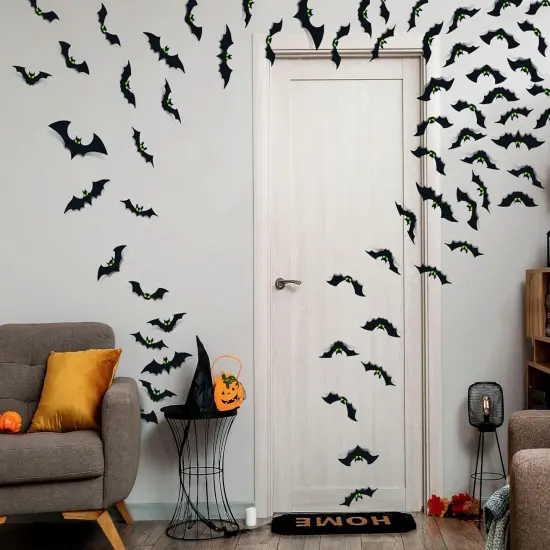 3D Bats Wall Decor with Glow Eyes - 124 Pcs {4}