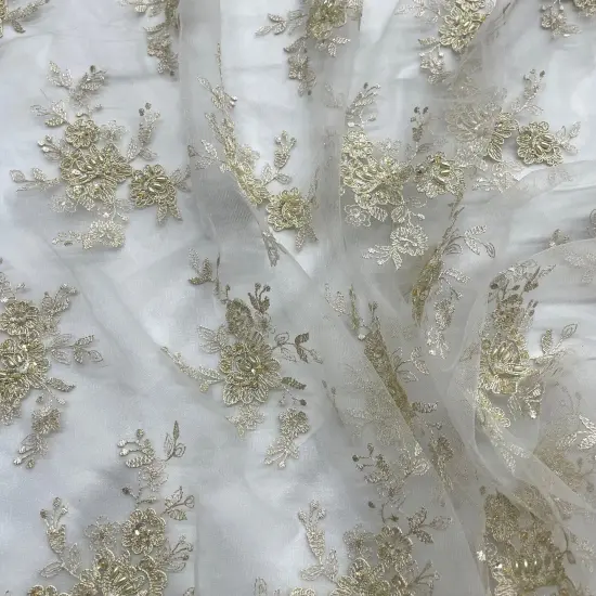 1 Yard Beaded Corded Bridal Lace Fabric Embroidered Mesh Champagne 54" Width Red {4}