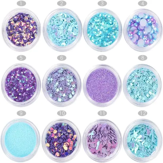 Nail Art Blue Glitter Sequins 3D Pearl Nails Shining Flakes 12Jars {1}