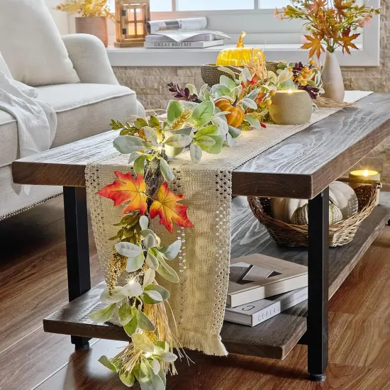 5ft Silk Lambs Ear Pumpkins Garland with Lights ,Fall Leaves Garlands for Mantle {2}