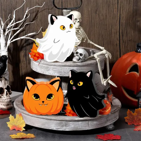 Halloween Cat Ghost Wooden Signs Pumpkin Decor - 3PCS {3}
