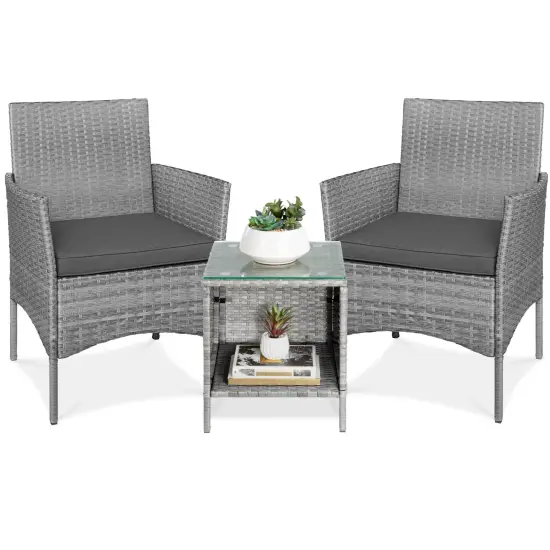 Best Choice Products 3-Piece Outdoor Wicker Conversation Patio Bistro Set, w/ 2 Chairs, Table Gray/Gray {1}