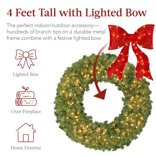 Best Choice Products Artificial Pre-Lit Fir Christmas Wreath D&eacute;cor w/ Red Bow, LED Lights, Tips, Plug-In {3}