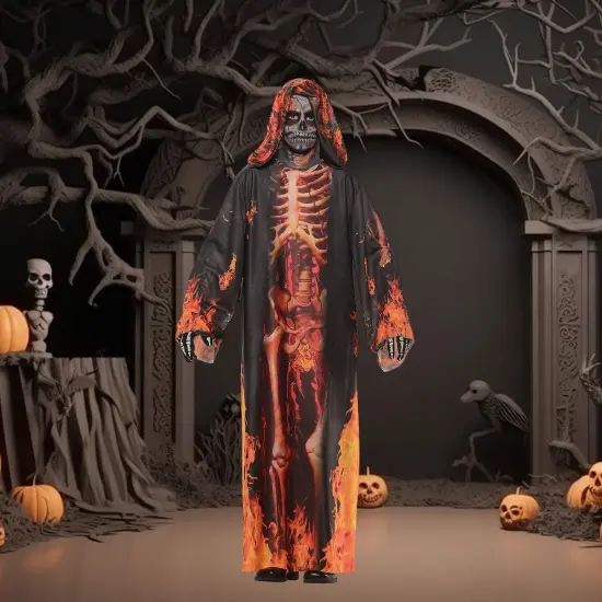Boy's Underworld Skeleton Robe Costume with Hooded Flame Print {2}