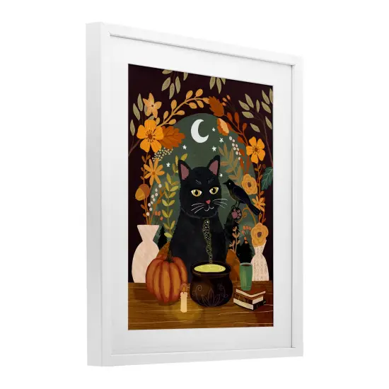 Autumnal Cat & Cauldron Framed Print Under Glass Art Gray {9}